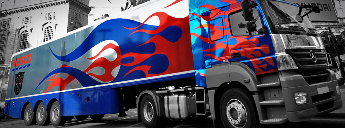 Lorry wrapped in printed chrome vinyl for Tesco by Totally Dynamic
