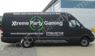 Mercedes Sprinter fully wrapped for Xtreme Party Gaming in a vinyl van wrap design by Totally Dynamic South London