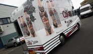 Modified van made to look like a London Routemaster Bus wrapped in printed design by Totally Dynamic North London