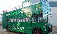 Routemaster bus fully vinyl wrapped in a printed vehicle wrap design for Woolworths by Totally Dynamic South London