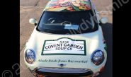 MINI fully vinyl wrapped for New Covent Garden Soups in a printed vehicle wrap design by Totally Dynamic Norfolk
