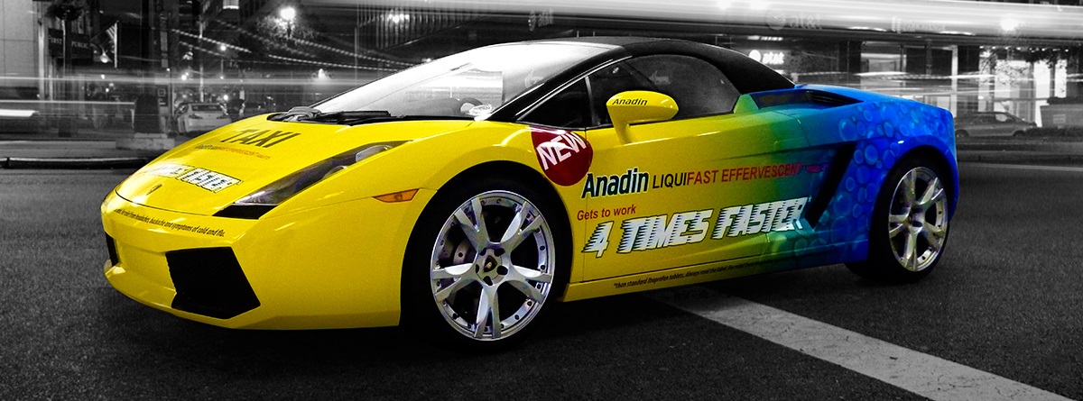 Printed vinyl Lamborghini car wrap for Anadin by Totally Dynamic