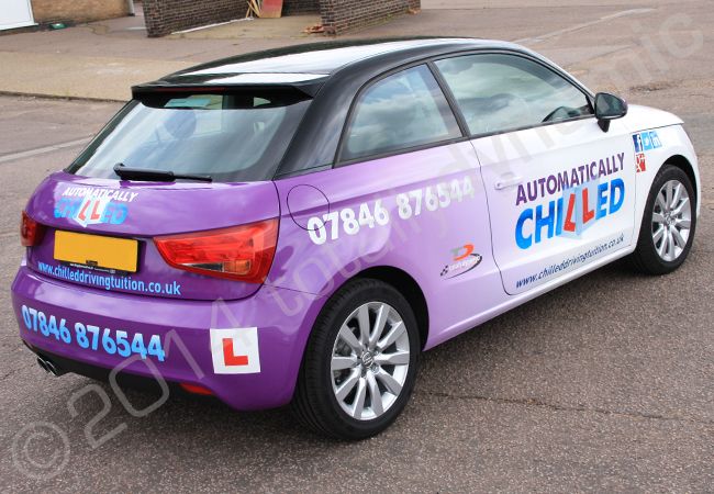 Audi A1 fully vinyl wrapped in a printed vehicle wrap for Chilled Driving Tuition by Totally Dynamic Norfolk