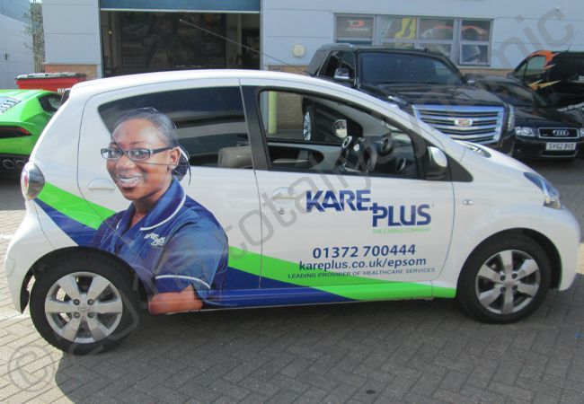 Toyota Aygo in a printed vinyl car wrap for Kare Plus
