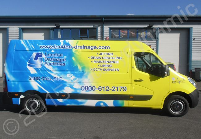 Vauxhall Movano van fully vinyl wrapped for London Drainage in a printed vehicle wrap design by Totally Dynamic North London