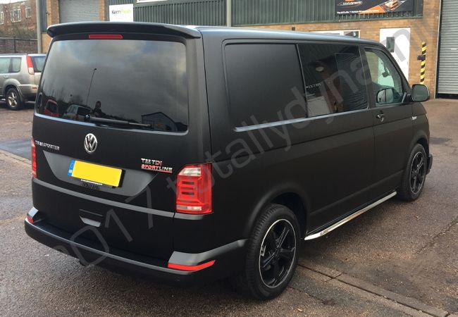 VW Transporter vinyl wrapped in a satin black van wrap