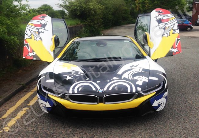 BMW i8 fully vinyl wrapped for Cosatto in a printed vehicle wrap design by Totally Dynamic Manchester