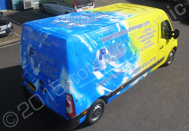 Vauxhall Movano van fully vinyl wrapped for London Drainage in a printed vehicle wrap design by Totally Dynamic North London