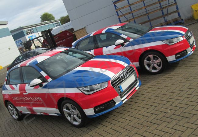 Audi A1's fully vinyl wrapped in a union flag design for Garton Jones