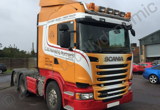 Scania lorry cab vinyl wrapped for G W Harrold