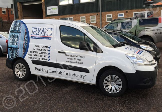 Citroen Berlingo van wrapped in printed vinyl part-wrap for EMC by Totally Dynamic Norfolk.