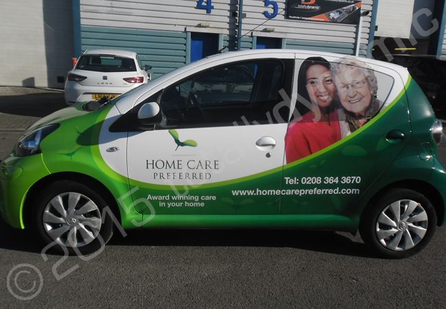 Toyota Aygo fully vinyl wrapped for Home Care Preferred in a printed vehicle wrap design by Totally Dynamic North London