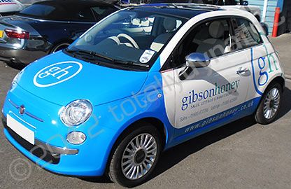 Fiat 500 part-wrapped in gloss blue with vinyl cut graphics by Totally Dynamic North London