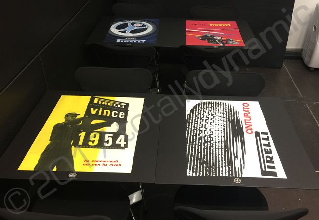 Hospitality Table Tops vinyl wrapped for Pirelli