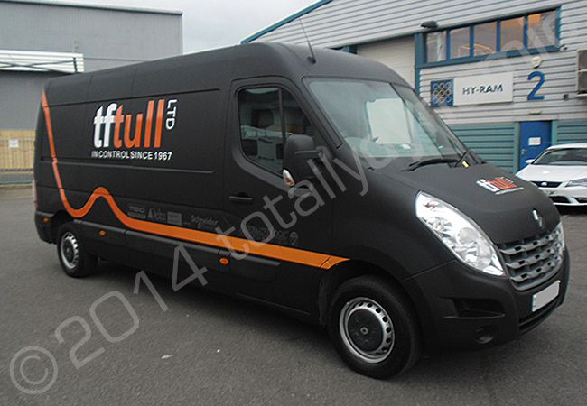 Renault Master van fully wrapped in a matt black vinyl van wrap with cut vinyl graphics by Totally Dynamic North London