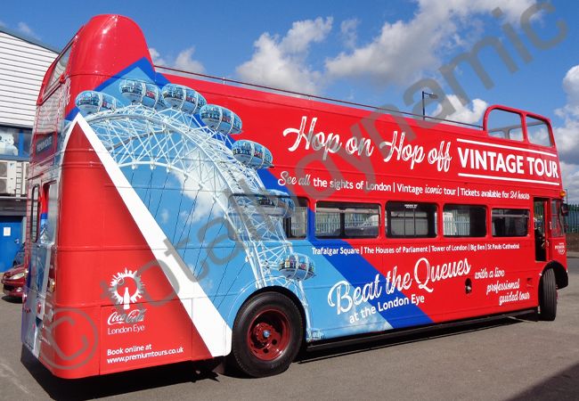 Vintage Bus fully vinyl wrapped to promote the London Eye