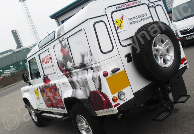 Land Rover Defender fully wrapped in a printed vinyl car wrap for Push Supplements by Totally Dynamic North London