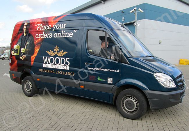 Mercedes Sprinter fleet wrapped in a printed vehicle wrap design for Woods Food Services by Totally Dynamic South London