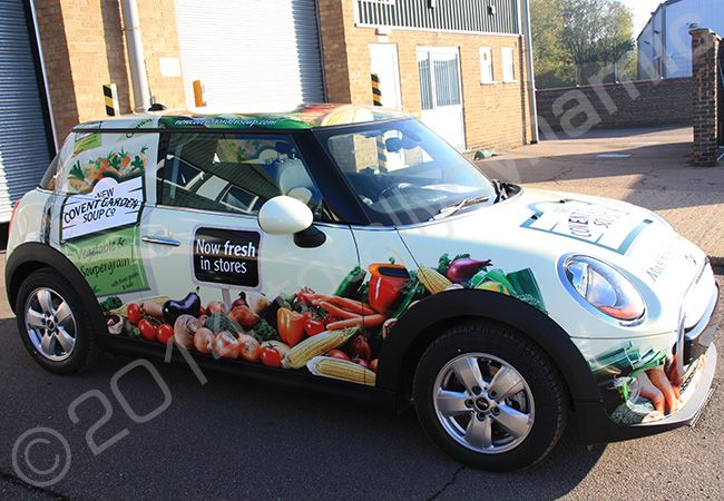 MINI Cooper fully vinyl wrapped in a promotional vehicle wrap for New Covent Garden Soup Company by Totally Dynamic Norfolk