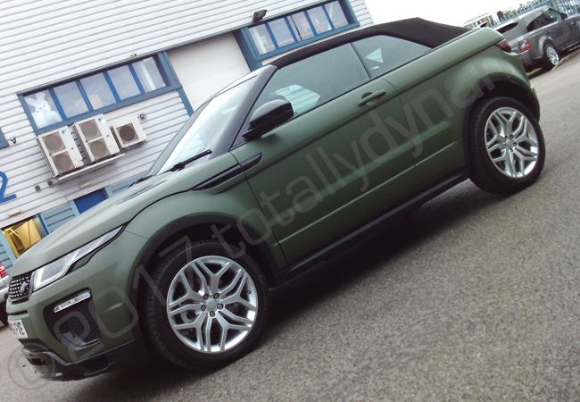 Range Rover Evoque convertible vinyl wrapped in a matt khaki car wrap