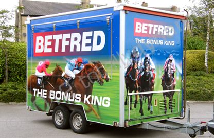 Small trailer fully vinyl wrapped in printed design by Totally Dynamic Leeds