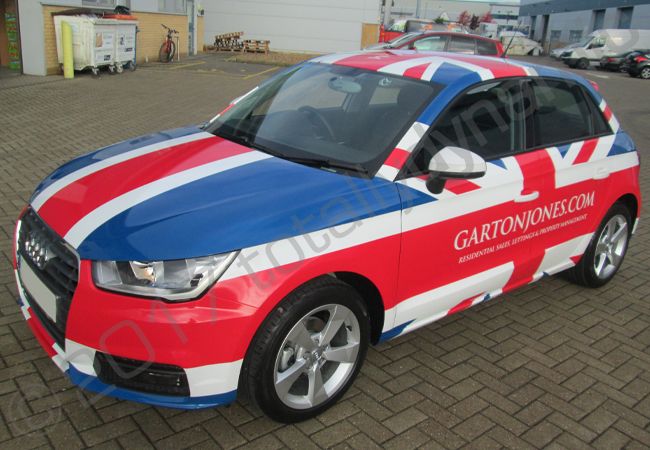 Audi A1's fully vinyl wrapped in a union flag design for Garton Jones