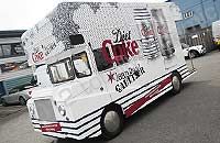 Modified van made to look like a London Routemaster Bus wrapped in printed design by Totally Dynamic North London