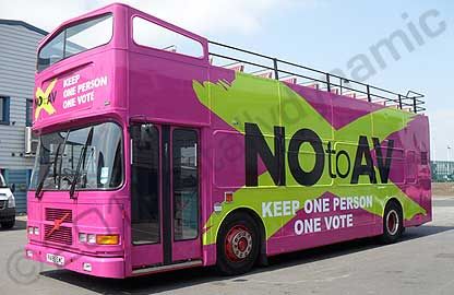 Double decker bus wrapped for No to AV by Totally Dynamic North London & Norfolk