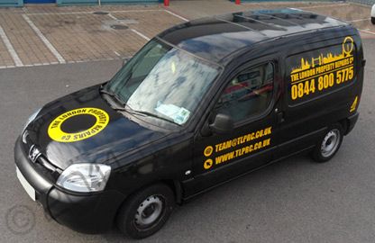 Peugeot Partner van wrapped in gloss black vinyl with yellow graphics by Totally Dynamic North London