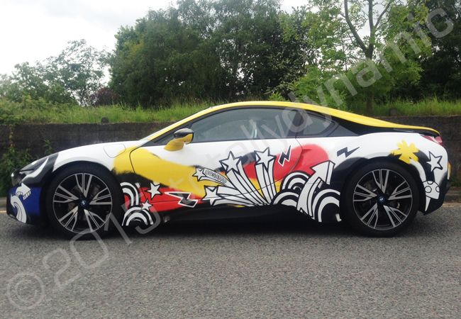 BMW i8 fully vinyl wrapped for Cosatto in a printed vehicle wrap design by Totally Dynamic Manchester