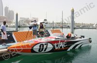 Superstock Powerboats vinyl wrapped for exhibition in the UAE by Totally Dynamic Southampton