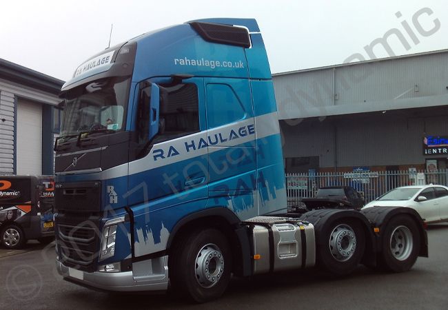 Volvo FH lorry cab fully vinyl wrapped for R A Haulage