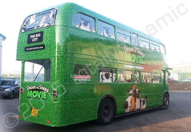 London Routemaster bus fully wrapped in a printed vinyl bus wrap to promote the Shaun the Sheep Movie by Totally Dynamic North London
