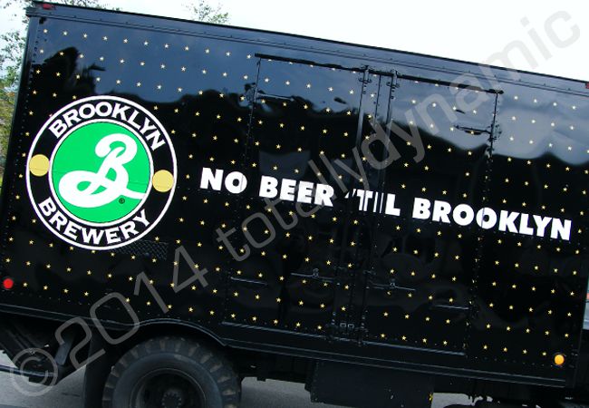 GMC box van fully wrapped in a printed vinyl design for Brooklyn Brewery by Totally Dynamic Leeds