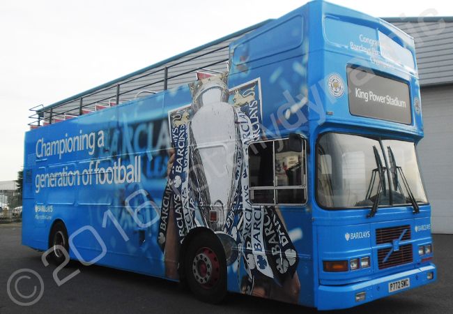 Open top bus vinyl wrapped for Barclays & Leicester City FC