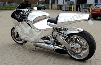 Turbine / Jet powered bike wrapped in printed chrome for Goodwood by Totally Dynamic South London