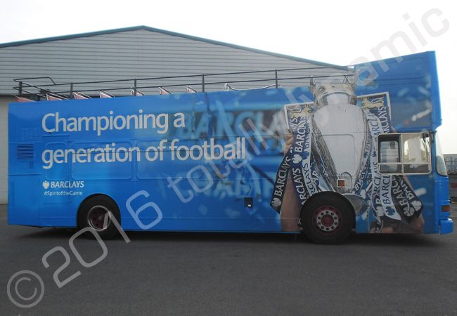Open top bus vinyl wrapped for Barclays & Leicester City FC
