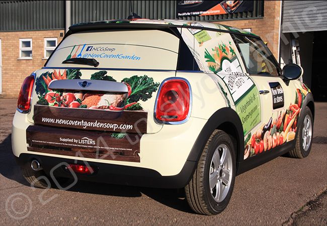 MINI Cooper fully vinyl wrapped in a promotional vehicle wrap for New Covent Garden Soup Company by Totally Dynamic Norfolk