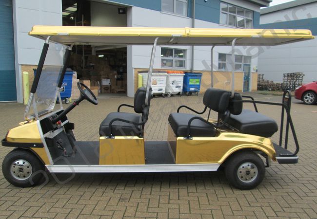 Golf buggy vinyl wrapped for Mansion Lion Hotel in a gold chrome wrap