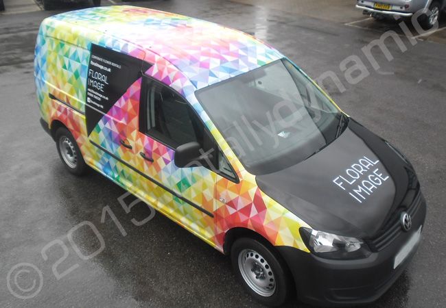 VW Caddy van fully vinyl wrapped for Floral Image in a printed vehicle wrap design by Totally Dynamic North London