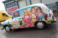 London taxi wrapped with printed Barbie design by Totally Dynamic North London