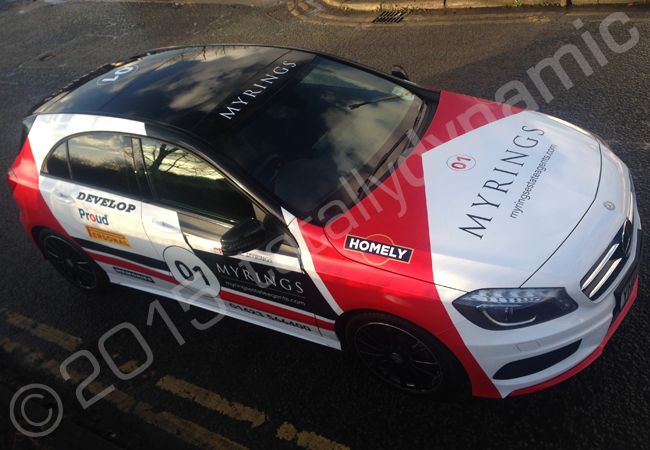 Mercedes A Class fully vinyl wrapped for Myrings in a printed vehicle wrap design by Totally Dynamic Manchester