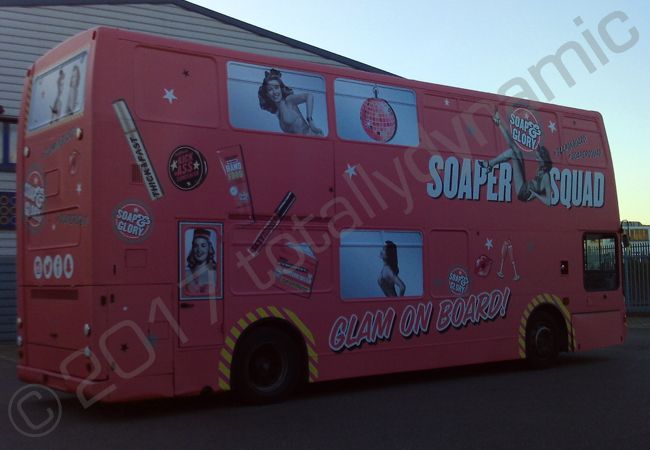 Double decker bus fully vinyl wrapped for Soap and Glory