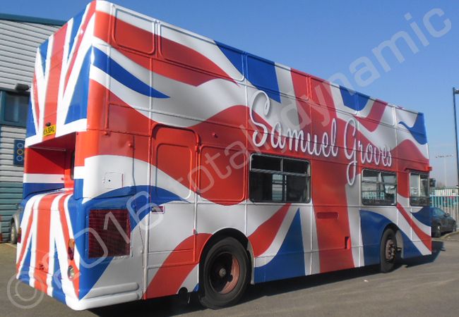 Open Top Bus fully vinyl wrapped in printed bus wrap design for U Group