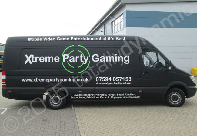 Mercedes Sprinter fully wrapped for Xtreme Party Gaming in a vinyl van wrap design by Totally Dynamic South London