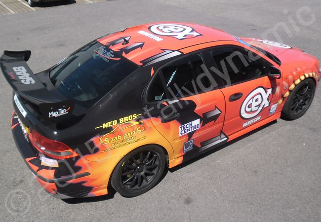 Saab 9-3 fully vinyl wrapped in a printed car wrap design for CEX by Totally Dynamic North London