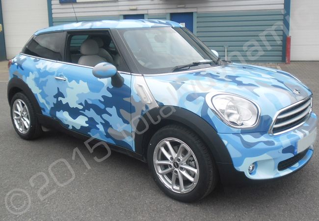 MINI Paceman fully vinyl wrapped in a printed car wrap camo design by Totally Dynamic North London