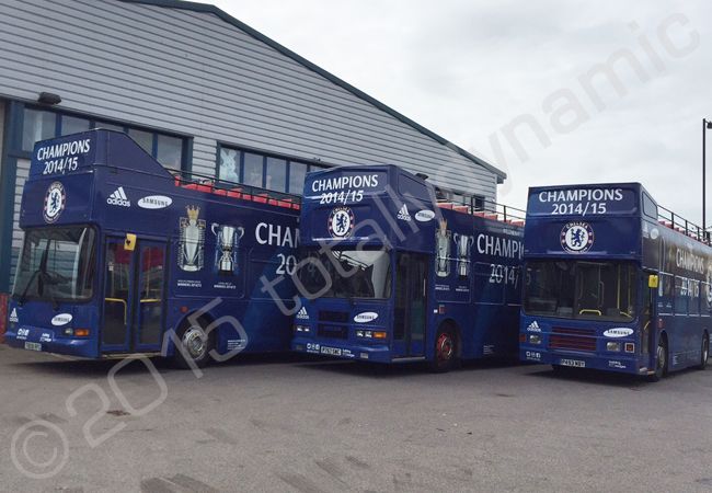 Buses wrapped for Chelsea FC in a fully printed vinyl bus wrap design by Totally Dynamic North & South London