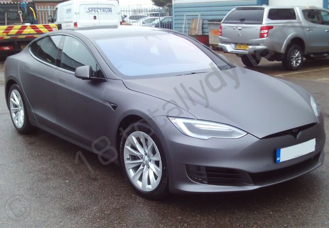 Tesla Model S wrapped in a matt metallic grey car wrap