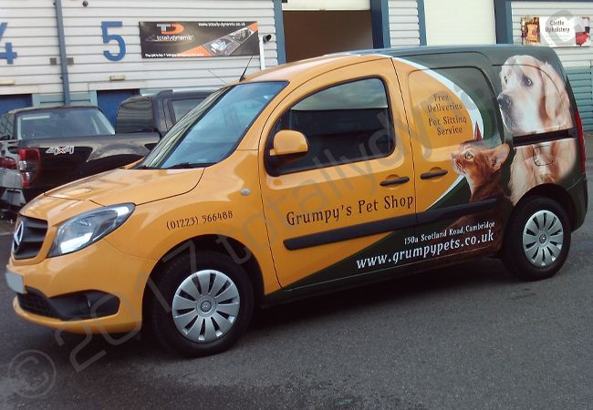 Mercedes Citan van vinyl wrapped in a printed van wrap for Grumpys Pet Shop